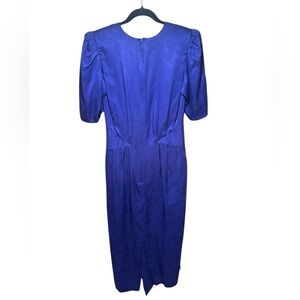 Argenti 100% Silk Vintage Royal Blue Short Sleeve Shoulder Pad Midi Dress Size 6